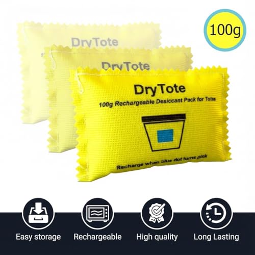 DryTote Rechargeable Desiccant Pack, Color Indicating Silica Gel Moisture Absorber for Storage Bins, Totes, Suitcases & 3D Printer Filament, 100g