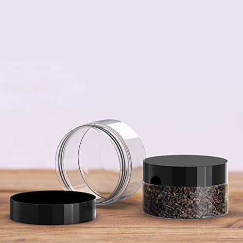 60 Pack 2oz Plastic Jars with Black Lids BPA Free Small 60 gram Jar Round Clear Refillable storage Slime containers with Airtight Lids for Cosmetics, Sugar Scrub, Body Butters, Beauty Products.