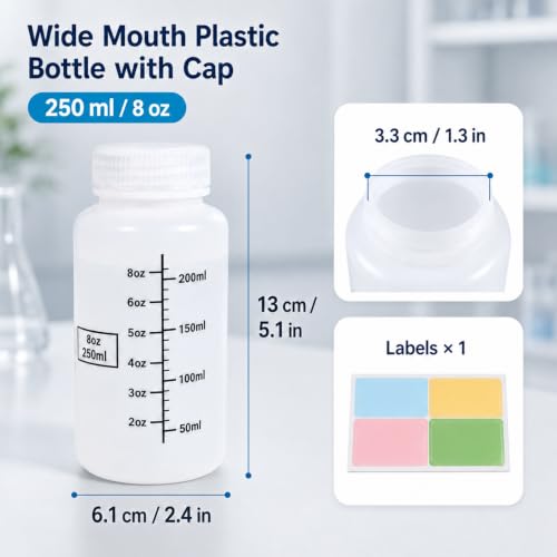 METAPACK 8 oz/250 ml Wide Mouth Plastic Bottles with Airtight Lids, Graduated Food Grade HDPE Sample Containers, Leakproof for Water, Lab Liquids, Medicine and Powder Storage, Translucent, 5 Pack - size: 8oz