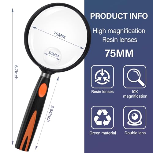 Feosky Handheld Reading Magnifier, 10X Magnifier, 75mm Shatterproof Lens, Non-Slip Handle for Adults Close Work, Seniors Reading and Nature Exploration, Hobby Observation(Orange/Black) - color: Orange, size: 75mm