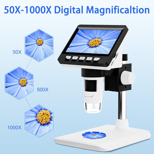 4.3" Digital Microscope for Adults, USB Coin Magnifier with 8 Adjustable Lights, 1000X Magnifying Glass, 1080P Resolution,Save Photos & Videos,Compatible with Windows/MacOS, White - color: White