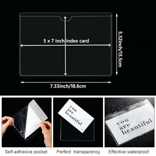 Outus 100 Pcs Index Card Pockets, 5 x 7 Inch Clear Self Adhesive Pockets - size: 5 x 7 Inch