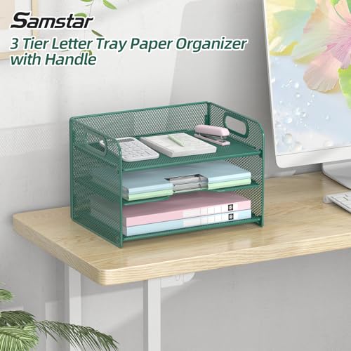 Samstar 3 Tier Green Letter Tray Paper Organizer with Handle, Mesh Desk Organizer Paper Sorter File Rack Shelves, Green - color: Green