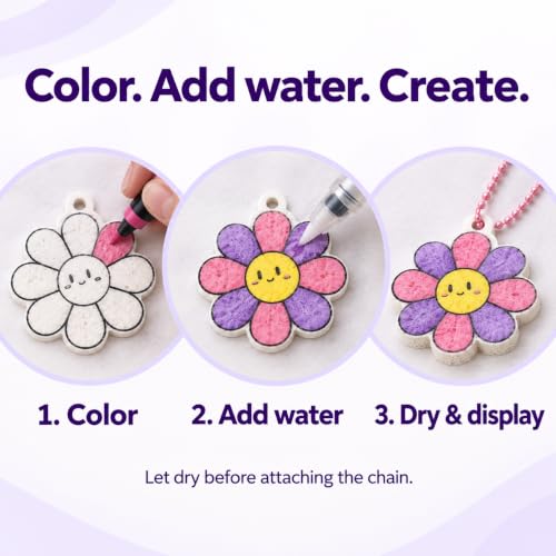Hugrow Magic Puffy Paint Kit for Kids, Water-Activated 3D Foam Art Pieces, Paint by Number Craft Set with 12 Markers, 2 Water Brushes, Keychains and Display Stand, Gifts for Kids Age 4-8 - color: purple