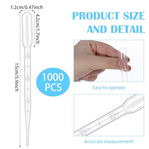 1000 Pcs Plastic Transfer Pipettes, Disposable Graduated 3ml Pipettes for Scientific Experiments, Essential Oils, Laboratory Use