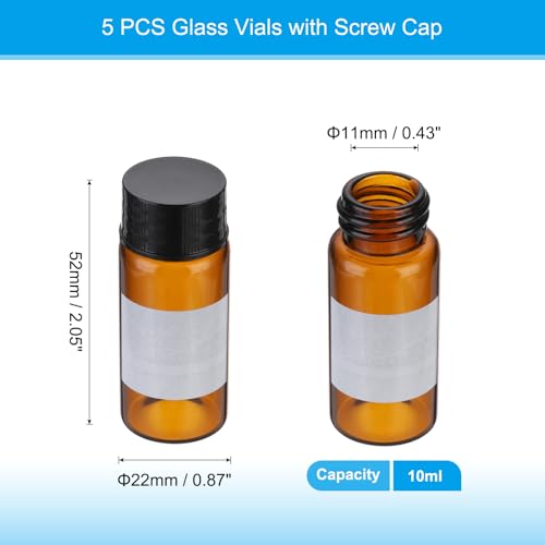 PATIKIL Small Glass Sample Bottles with Lids, 5 Pcs 10ml Amber Glass Vials with Black Screw Caps Mini Leak Proof Reagent Sealed Bottles with Writing Label for Solid Liquid Powder Storage - color: Black/Amber, size: 10ml