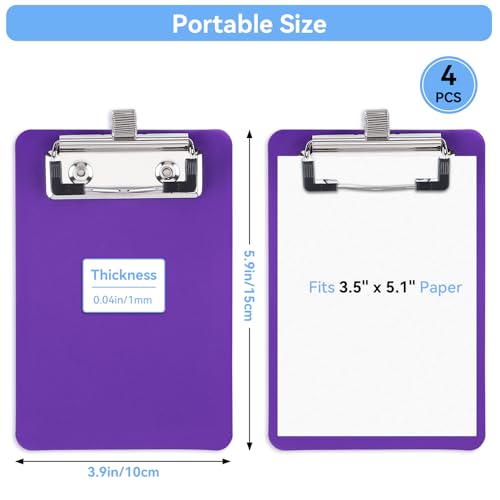 Mini 3.9x5.9in Plastic Clip Boards for 3.5x5.1in Paper, 4 Pack Waterproof Clip Boards of 4 Colors with Pen Loop Holder for Office Cafeteria School, Sturdy Lightweight Portable Working Supplies - color: Purple+blue+frosted+black, size: 3.9x5.9in - Mini