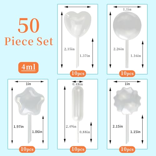 Cake Decorating Transfer Pipettes, 50 Piece Set, 5 Shapes, Plastic Droppers for Parties and DIY Art