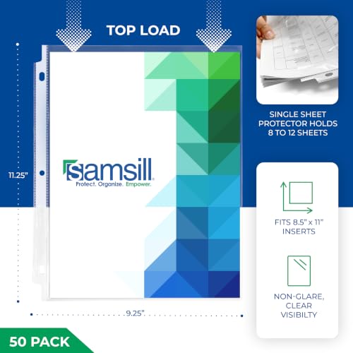 Samsill 50 Pack Heavy Duty Sheet Protectors, Non-Glare, 8.5x11 Inch Page Protectors for 3 Ring Binder, Letter Size Protectors with Reinforced Holes, Non-Glare Protector, Top Loading, Acid Free - size: 50 Pack, style: Non-Glare