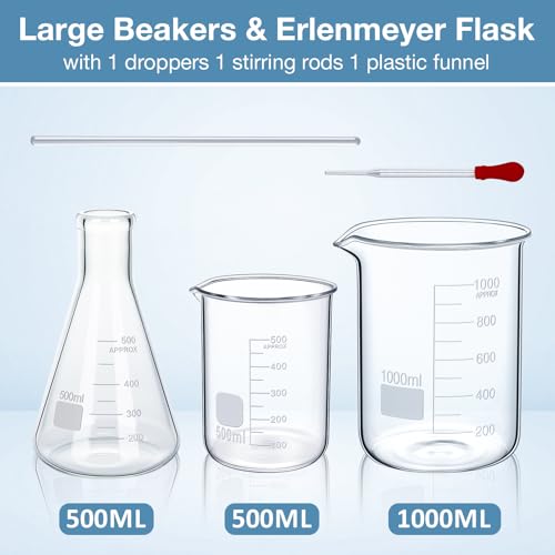 Tallew 9 Pcs Lab Glass Beaker Set Includes Glass Graduated Cylinder 500ml 1000ml Erlenmeyer Flask 500ml Graduated Cylinder Set 10ml 50ml 100ml with 1 Droppers 1 Stirring Rods Plastic Funnel