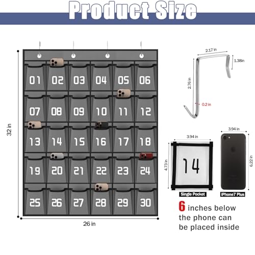 Loghot 30 Numbered Pockets Classroom Pocket Chart for Cell Phone Holder - size: 30 Pockets Gray