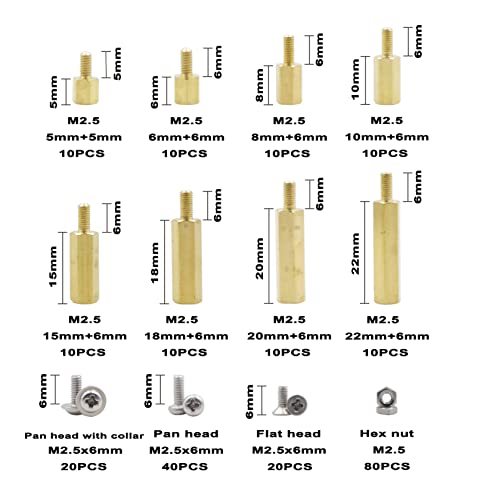 M2.5 Brass Male-Female Hex Standoffs, 304 SS Screws & Hex Nuts Kit - size: M2.5