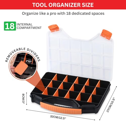 Andalus Tools Organizer Box, Small Parts Storage 18-Compartment Portable Hardware Organizer Removable Plastic Dividers for Screws, Nuts, Bolts, Nails – Orange (1 Pack, 12.75" x 10" x 1.75") - color: 1 Pack (12.75 x 10 x 1.75 Inches)