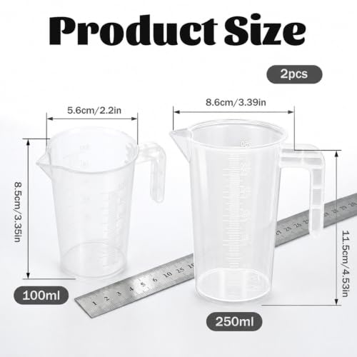 100ml & 250ml Plastic Clear Measuring Beaker 2 Pcs Graduated Measuring Cup with Handle Multipurpose PP Beaker for Home Kitchen Lab