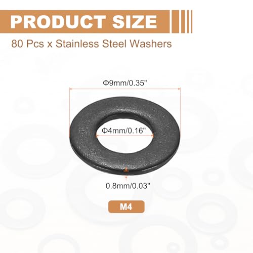 PATIKIL 80pcs M4 Stainless Steel Washers M4x9x0.8mm Flat Washers Metal - size: M4x9x0.8