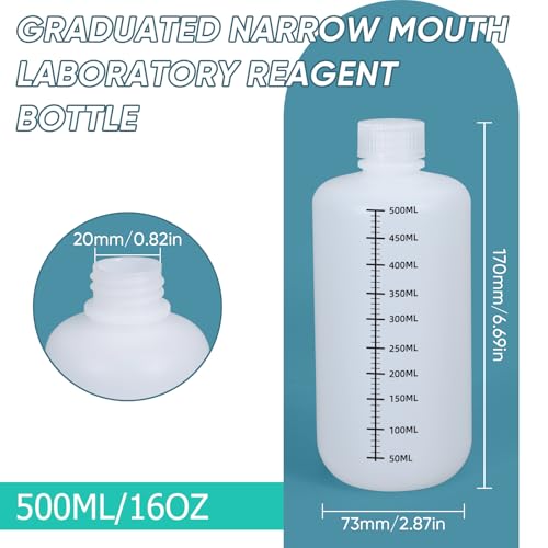 16oz/500ml Narrow Mouth Plastic Bottles with Caps, HDPE Laboratory Grade Graduated Liquid Containers for Reagent Sample Medicine Water Storage (Translucent, 4 Pcs) (Pack of 2) - size: 16 Ounces (Pack of 2)