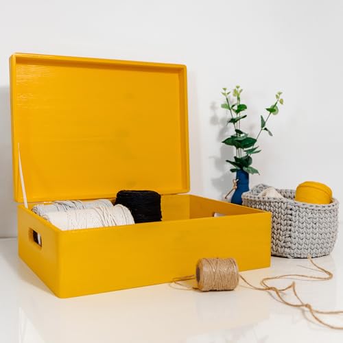 Creative Deco XL Yellow Wooden Box Storage with Hinged Lid - color: Yellow, size: XL | Handles