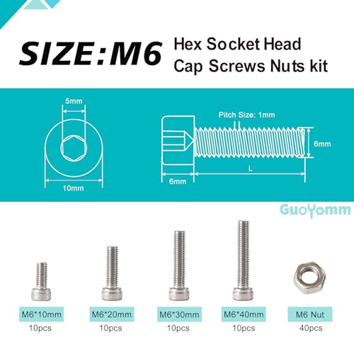 M6 x 10mm 20mm 30mm 40mm Hex Socket Head Cap Screws Bolts and Nuts, Stainless Steel 304, Bright Finish, Metric Allen Drive, Fully Thread, Assortment Kit 80PCS - size: Socket M6x10-40mm+Nuts