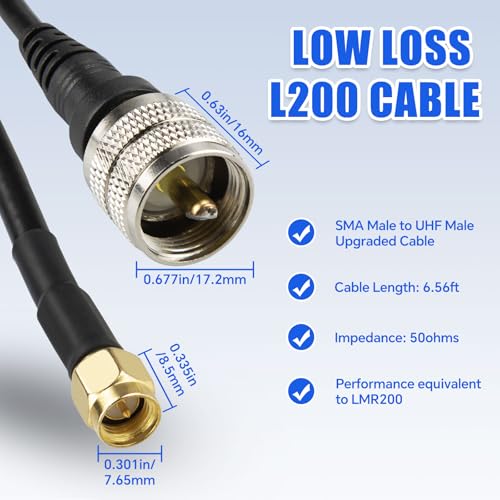 UHF to SMA Cable 6.56ft UHF Male PL259 to SMA Male BMR200 Coaxial Cable PL-259 to SMA RF Jumper Cable Ultra Low Loss for CB Radios, Marine Radios| LMR200 Equivalent, Better Than RG58 - size: UHF Male to SMA Male
