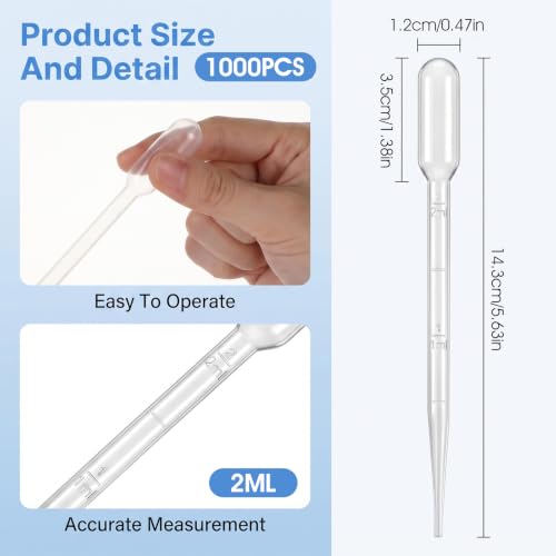 1000 Pcs 2ml Plastic Graduated Transfer Pipettes for Essential Oils, Lab