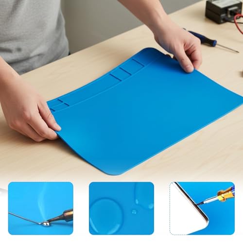 ESD Safe Soldering Mat, 2 Pcs 12”x8” Large Heat Resistant Repair Mat up to 932°F, Silicone Workstation with Grid for Phone, Laptop, Watch, BGA Electronics Repair (Blue)