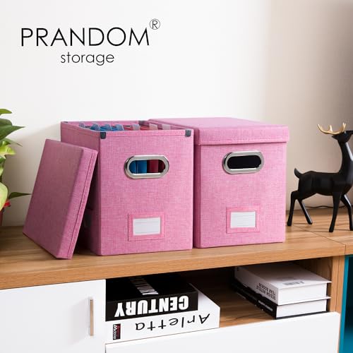 PRANDOM File Organizer Box - Set of 2 Collapsible Decorative Linen Filing Storage Hanging File Folders with Lids Office Cabinet Letter Size Pink (14x9.3x10.8 inch) - color: Pink, size: (2-pack) Without Folders