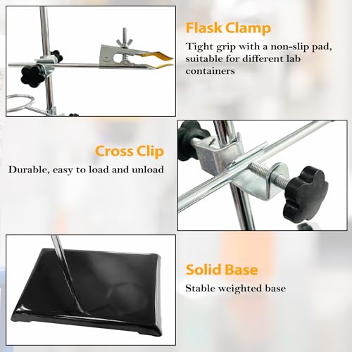 Sutekus Lab Stand Support with Clamp Chemistry Laboratory Stands Support Set Including a Burette Clamp and 2 Flask Ring Clamps, 16" Rod