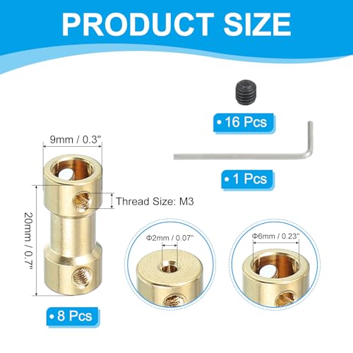 PATIKIL Brass Shaft Coupling Joint 2mm to 6mm, 8 Pcs Motor Shaft Coupler Extension Connector Rigid Sleeve Adapter Transmission Joint with Screws for RC Car Tires Shaft Motor - size: 2mm to 6mm