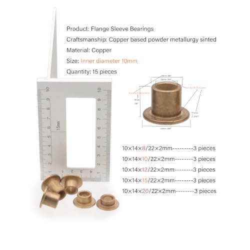 15pcs Flanged Sleeve Bearing, 10mm/.394'' (Inner Diameter) Sleeve Bearing Assortment Kit, 5 Sizes Self-Lubricating Sintered Bronze Bushings, Copper (Goldn)