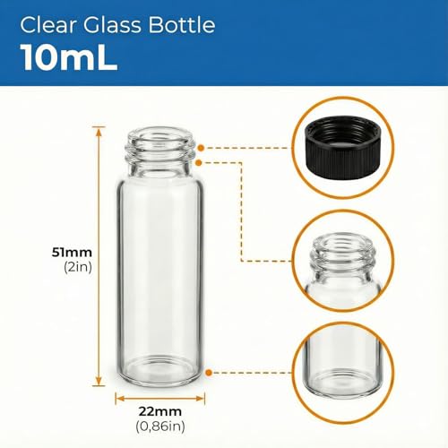 100Pcs 10ml Glass Bottles with Screw Caps - 1/3 oz Empty Clear Vials for Essential Oils, Tinctures & Message in a Bottle Favors - Refillable 2.7 Dram Cosmetic Containers for Travel & DIY - color: Clear, size: 10ML