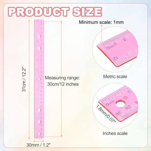 HARFINGTON 20pcs Plastic Rulers 12" (30cm) Clear Straight Ruler Measuring Tool Inches and Centimeters with Hole for Home Office Classrooms Drafting, Clear Pink - color: Clear Pink