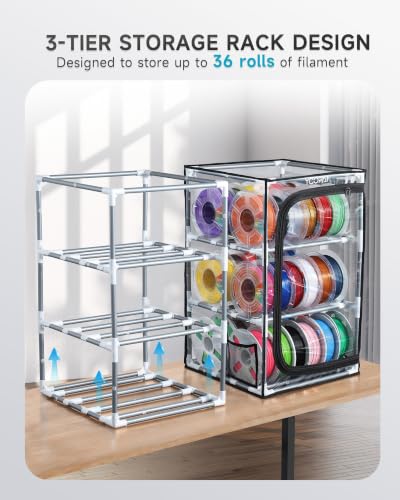 YOOPAI 3D Printer Filament Storage Box, 3-Tier Filament Storage Rack with Transparent Dust Cover, Holds Up to 30 1KG Spools, Filament Organizer and Spool Holder for PLA PETG ABS TPU, Workshop Studio