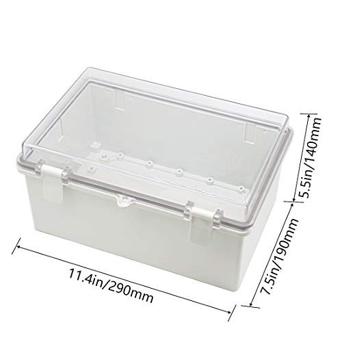 Zulkit Junction Box ABS Plastic Dustproof Waterproof IP65 Electrical Boxes Hinged Shell Outdoor Universal Project Enclosure Clear Cover with 2 Cable Glands 11.4 x 7.5 x 5.5 inch(290x190x140mm) - size: 11.42" x 7.48" x 5.51"