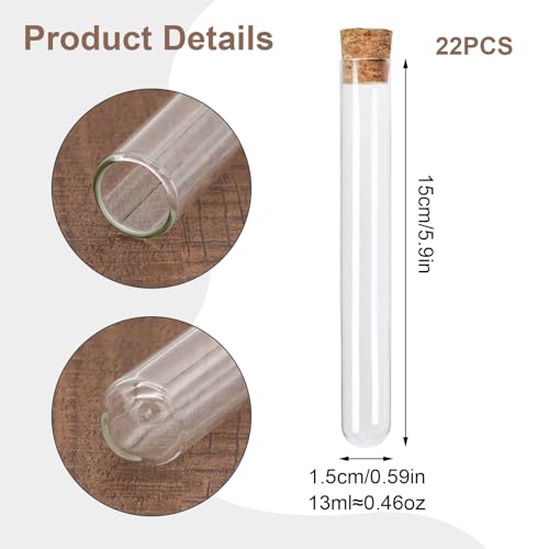 22 Pcs 13ml Glass Test Tubes, 15x150mm Clear Test Tubes with Cork Stoppers Transparent Empty Bottles with Lids, Storage Test Tubes for DIY Craft Liquids Powder Spices Candy Beads Decoration