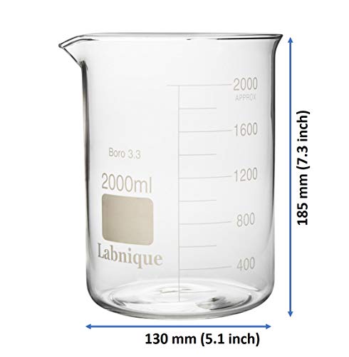 Labnique Large Borosilicate 3.3 Glass Griffin Beaker, Low Form with Printed Graduation (2000ml) - size: 2000ml
