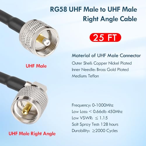 MOOKEERF CB Coax Cable - RG58 UHF PL-259 Male to Male Right Angle Coaxial Cable 25FT Low Loss Cb Antenna Cable Jumper Cable for CB Radio, HAM Radio, Antenna Analyzer, SWR Meter, Black - size: 25FT