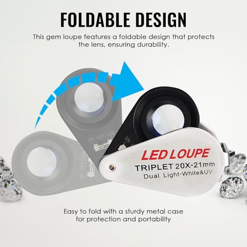 20x Foldable Pocket Magnifier Jewelers Loupe with UV and LED Light for Jewelry, Rocks, Coins, and Antiques - Illuminated Magnifying Tool for Eye, Stamps, Watches, Hobbies, and Gems - color: 20x Magnification