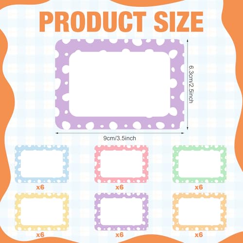 Eaasty 48 Pack Polka Dot Name Tag 6 Macaron Colors Border Name Labels Self-Adhesive Labels 3.5x2.5 Inch, for School Office Home, Clothes, Storage Boxes, Packages