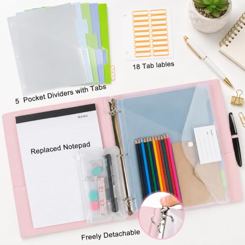 3 Ring Binder with Clipboard,1 Inch Binders with Notepad&5 Dividers with Pockets, Pen Holder, Leather Clipboards for School Office(Pink, Letter Size) - color: Pink, size: 1 Inch
