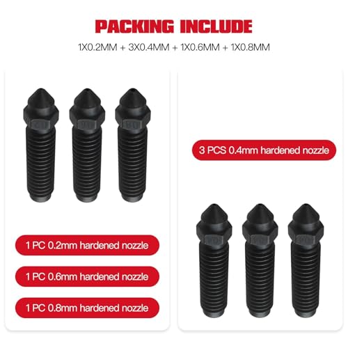 Xspeedonline 6-Pack 3D Printer Nozzles Stainless Steel Hardened Tip 0.2-0.8mm Assortment High Flow Hotend for Elegoo Printers