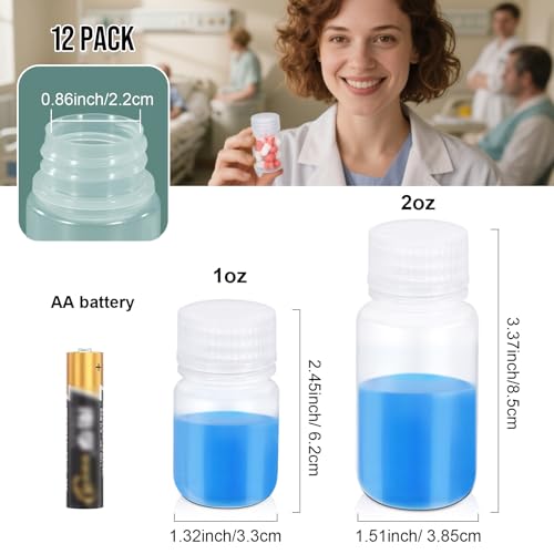 12 Pack 2oz Plastic Bottles with Lids - Wide Mouth BPA-Free Leak-Proof Sample Containers for Lab Reagents, Pills, Cosmetics, Travel Toiletries & Essential Oils Storage (Transparent, 2OZ/60ML) - size: 60ML