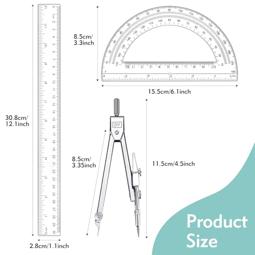 3 Pcs Clear Protractor and Compasses Set, Plastic Clear Ruler 12 Inch