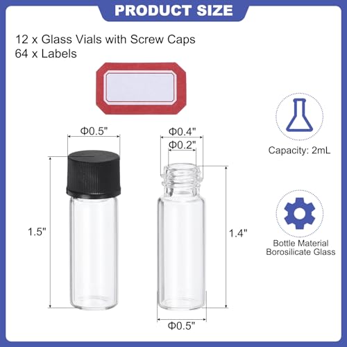 PATIKIL 2ml Clear Glass Vials, 12 Pack Sample Vials with Screw Cap Reagent Media Bottle with Labels Leak-Proof Liquid Sample Glass Vial for Lab Laboratory - color: Transparent, size: 2ml