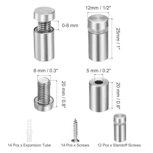 uxcell 12 Pcs 1/2" x 1" Standoff Screws Stainless Steel Wall Mount Sign Mounting Hardware Kit with 14pcs Screws for Hanging Acrylic Glass Signs Advertising Boards, Brushed Silver - color: Brushed Silver, size: 1/2" x 1"