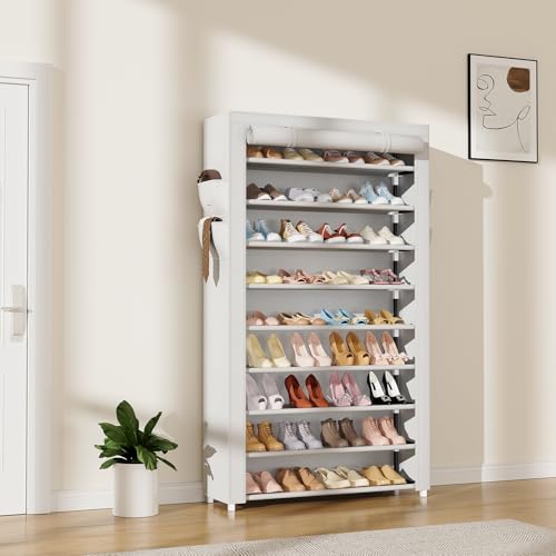 LANTEFUL Shoe Rack with Covers 10 Tier Tall Shoe Rack Organizer Large Capacity Shoe Shelf Storage 40 Pairs Space Saving Free Standing Shoe Storage Organizer for Closet, Entryway, Dorm, White - color: White, size: 10 Tier - 33.8"W