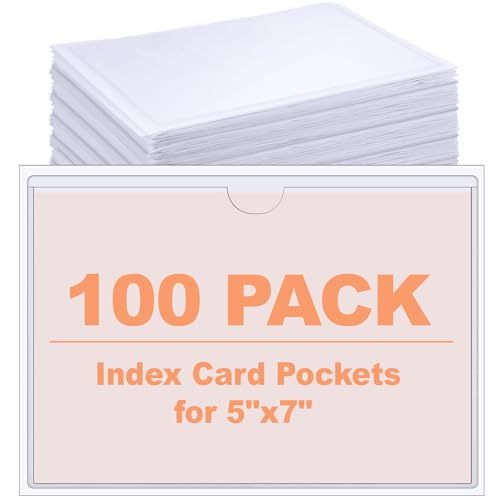 Outus 100 Pcs Index Card Pockets, 5 x 7 Inch Clear Self Adhesive Pockets - size: 5 x 7 Inch