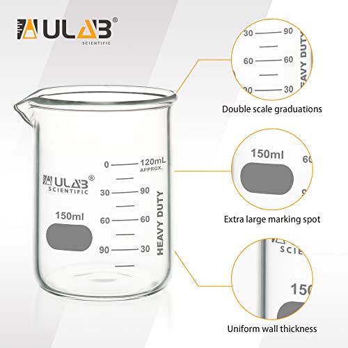 ULAB Heavy Duty Glass Beakers, 6pcs of Vol.150ml(5.07oz), Borosilicate 3.3 Glass, Thick Wall Beakers, with Double Scale, Superior Durability & Chemical Resistance, UBG1052 - style: 6pcs of Vol.150ml