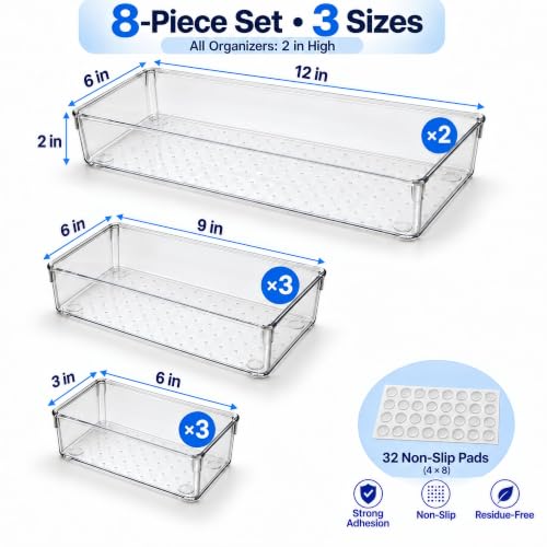 8 Pack Large Clear Plastic Drawer Organizer Trays, 3 Sizes, Non-Slip - size: 8 Pack