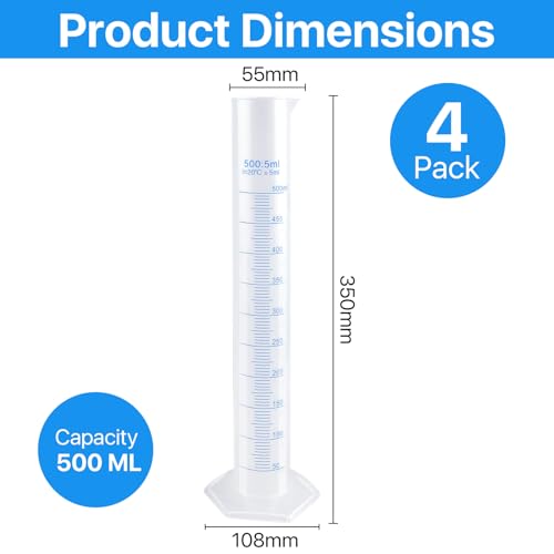4 Packs 500ml Plastic Graduated Cylinder,Transparent Measuring Cylinder Set with Pour Spout, 2-Sided Making Plastic Lab Test Tube for Science Projects, Laboratory Supplies