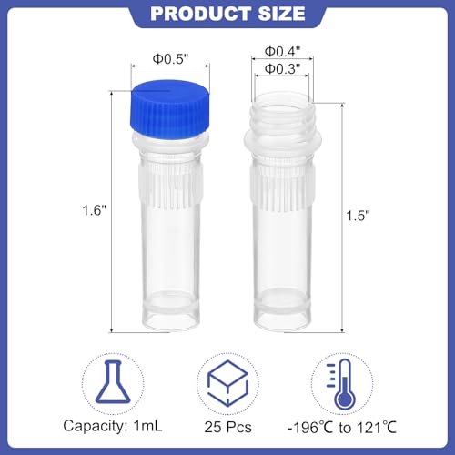 PATIKIL 1ml Plastic Cryogenic, 25Pcs Self Standing Cryogenic Vial Screw Top Frozen Test Tube for Lab Laboratory Science, Blue Cap - color: Blue, size: 1ml